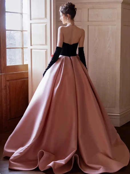 French Chic Blackpink Ball Gown Strapless Bow waist Ornament Corset Maxi Evening Dress Birthday Dress RS349
