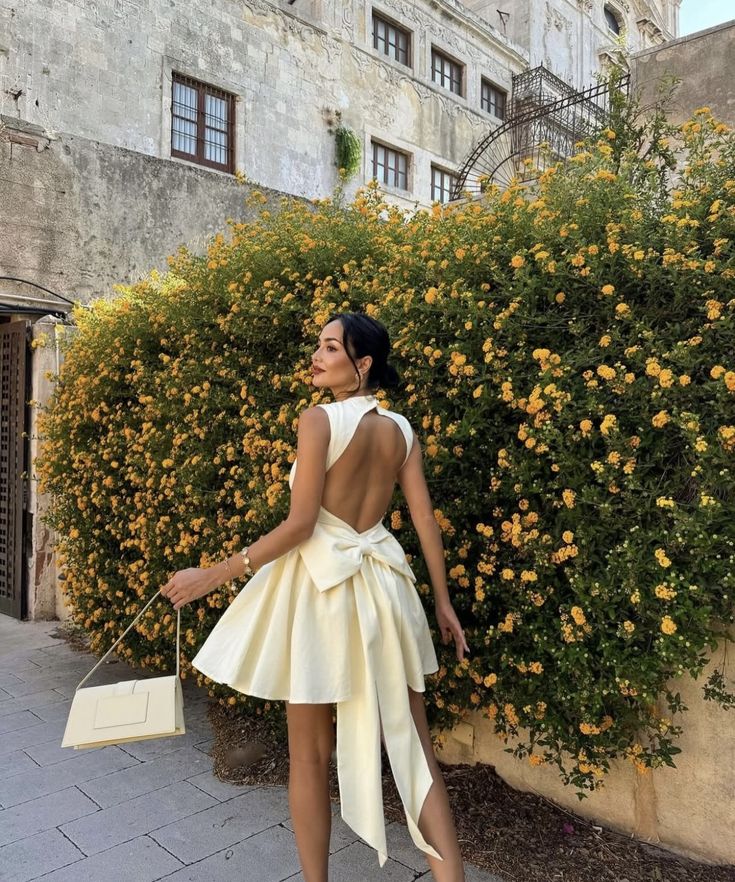 Yellow suspender A-line backless sexy slim skirt homecoming dress R2421