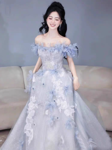French Chic Pale Blue A-Line Bateau Applique Corset Maxi Prom Dress Birthday Dress RS350