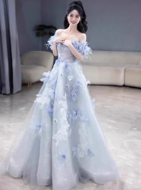 French Chic Pale Blue A-Line Bateau Applique Corset Maxi Prom Dress Birthday Dress RS350