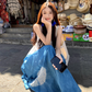Fairy ruffle blue tie-dye color matching long skirt travel wear suspender dress R1712