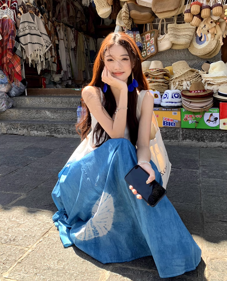 Fairy ruffle blue tie-dye color matching long skirt travel wear suspender dress R1712
