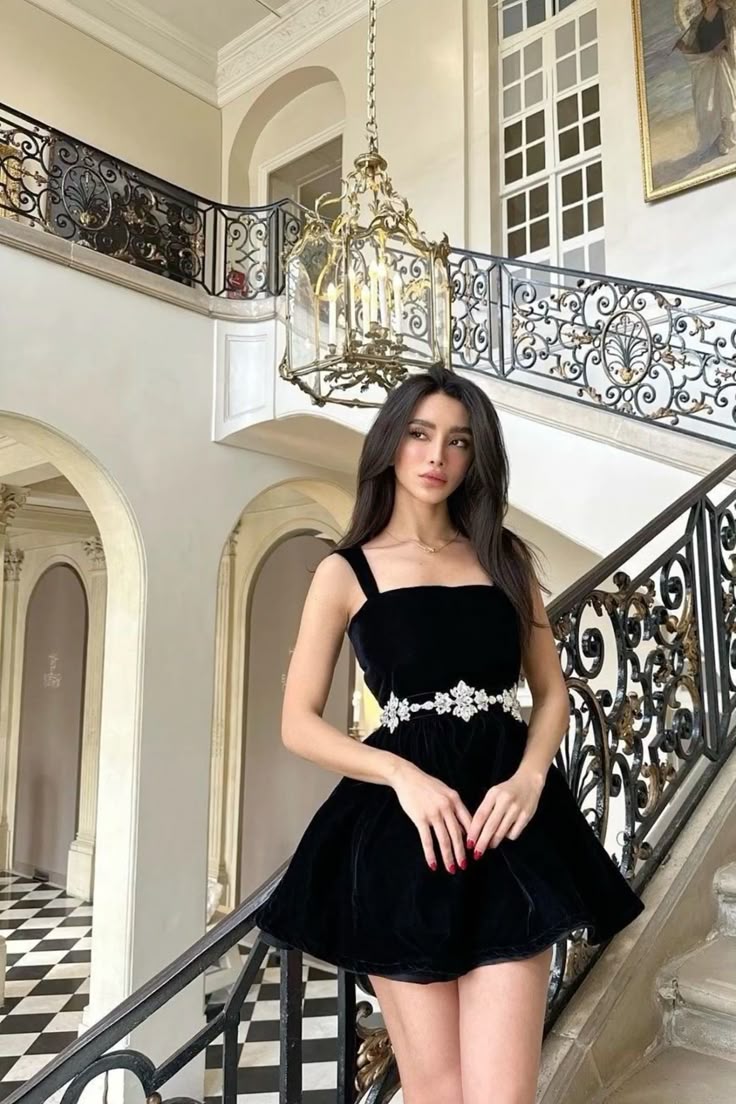 Black suspenders waist slim A-line short skirt homecoming dress R3683