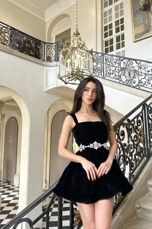 Black suspenders waist slim A-line short skirt homecoming dress R3683