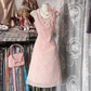 Light pink halter-neck fitted A-line short prom dress R7468