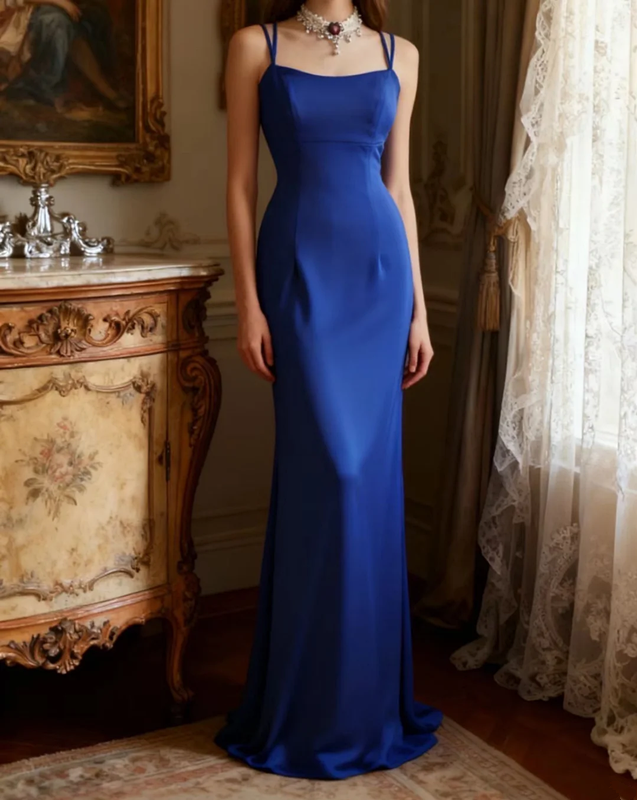 Blue halter-neck backless sexy fitted long ball gown R6710