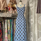 Blue plaid halter-neck straight-cut maxi dress, prom dress R6270