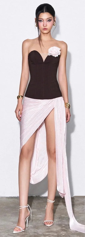 Brown tube top with slim waist and irregular hem short skirt for homecoming dress R4530