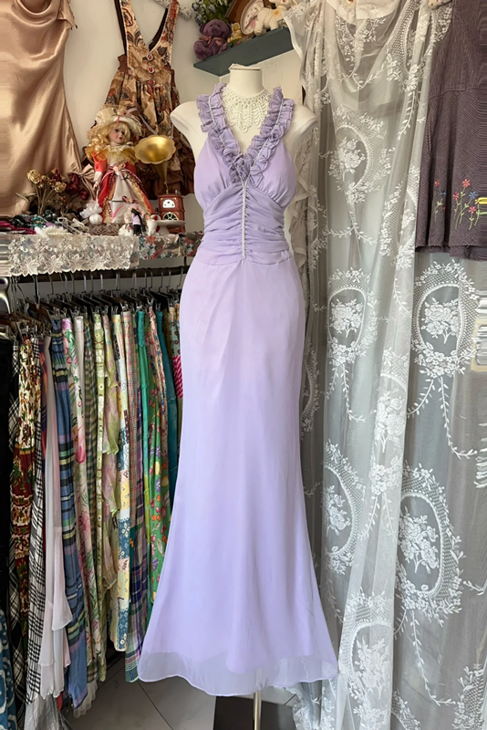 Purple halter-neck fitted long dress, ball gown R6349