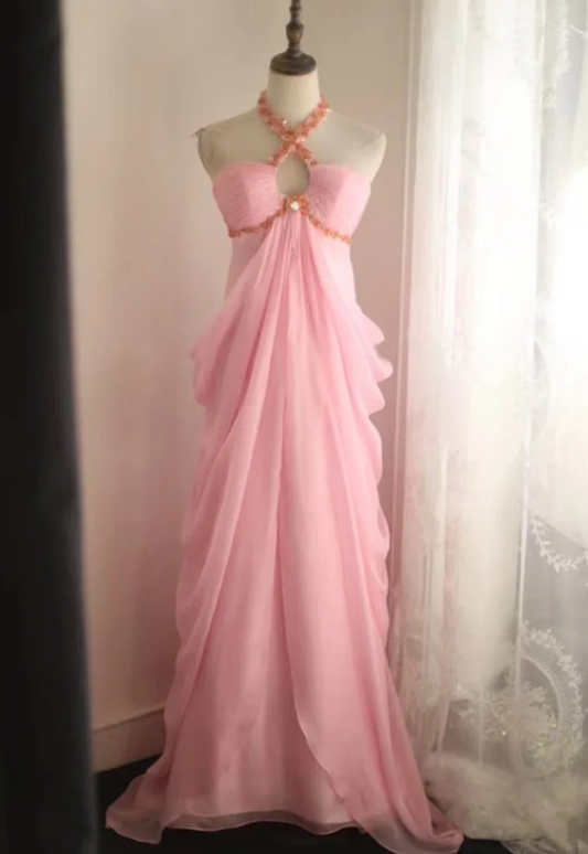 Pink halter neck high waist design long ball gown R6829