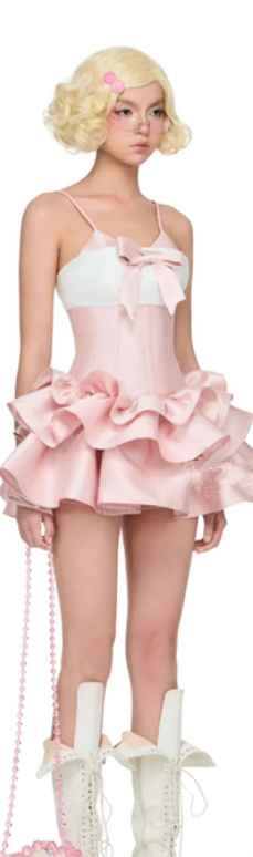 Pink suspenders slim waist sexy cake skirt short skirt homecoming dress R4490