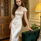 Light champagne-colored fitted A-line long ball gown R8572