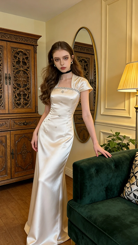 Light champagne-colored fitted A-line long ball gown R8572