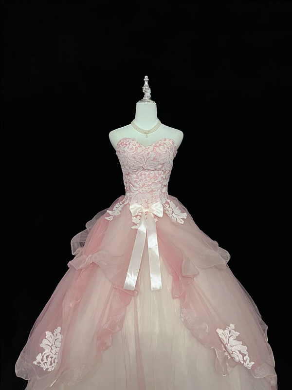 Light pink strapless, fitted waist, full skirt, long ball gown, bridal dress R9056