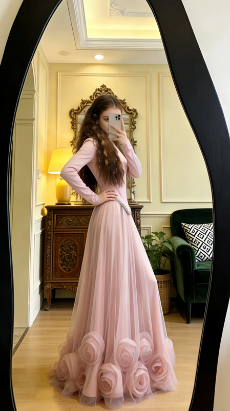 Light pink long-sleeved fitted long elegant ball gown/bridal dress R8602