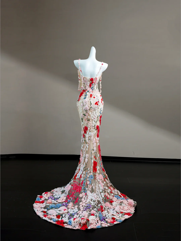 Pink suspender three-dimensional small flower waist slim hip long skirt, prom dress R5639