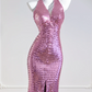 Light pink halter neck, fitted waist, sexy backless sequined long ball gown R8270