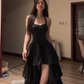 Sexy long black halter-neck, fitted waist, and asymmetrical tiered skirt for a ball gown R7776