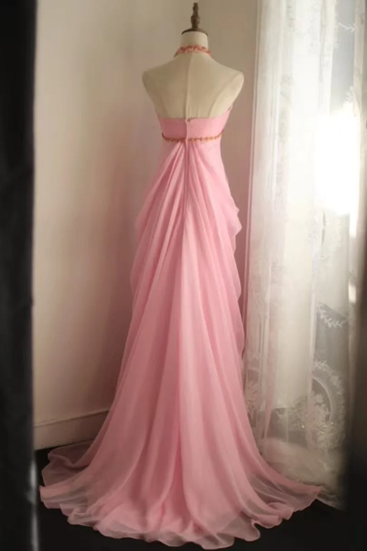 Pink halter neck high waist design long ball gown R6829
