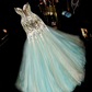 Light green strapless, fitted, elegant long ball gown R6909