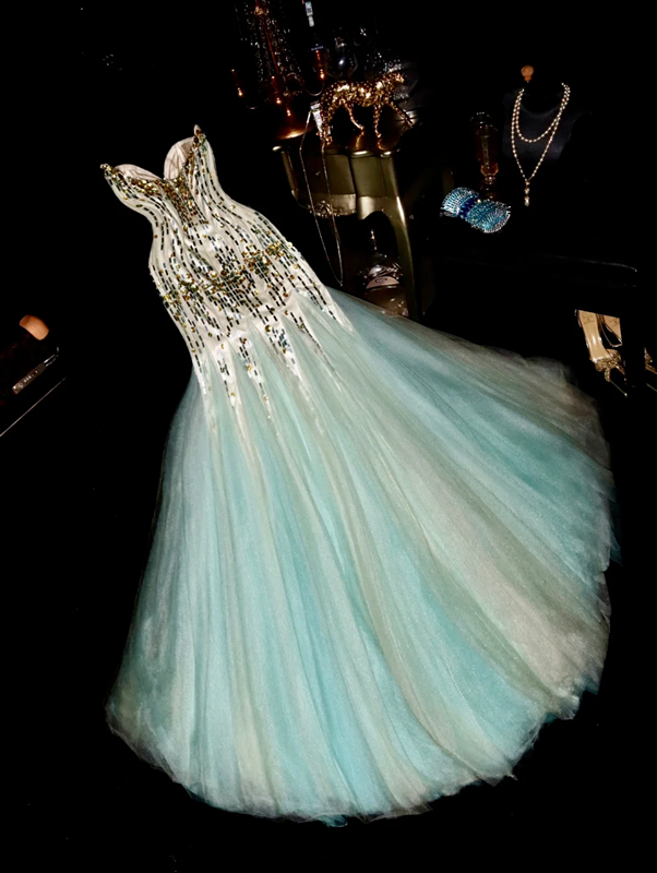 Light green strapless, fitted, elegant long ball gown R6909