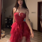 Red strapless, fitted waist, cake-style, irregular hem ball gown R7549
