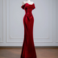 Deep red off-the-shoulder fitted waist bodycon long ball gown, bridal dress R8136