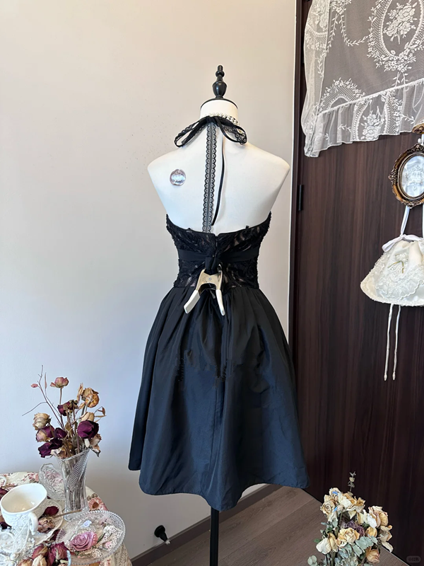 Black lace tube top high waist slim fit short skirt homecoming dress R4369