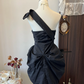 Black off-shoulder asymmetrical neckline, slim waist, bud skirt, short skirt, homecoming dress R4288