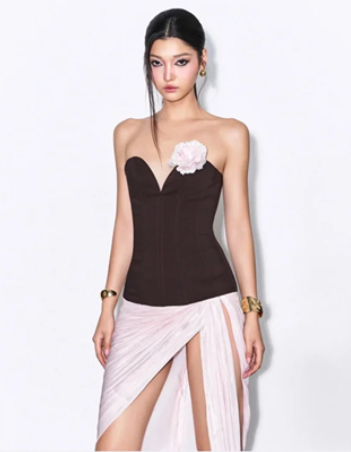 Brown tube top with slim waist and irregular hem short skirt for homecoming dress R4530