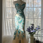 Light blue sequined strapless fitted waist bodycon fishtail long ball gown R7705