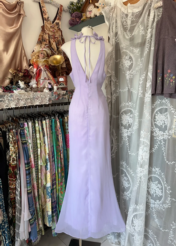 Purple halter-neck fitted long dress, ball gown R6349