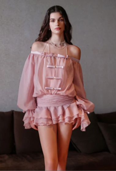 Pink one-shoulder gentle long-sleeved loose fashionable mini skirt homecoming dress R4731