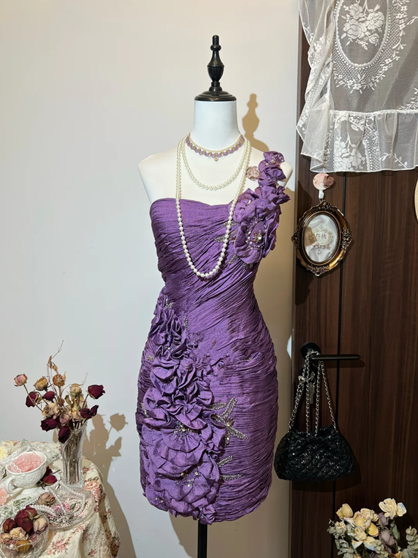 Purple asymmetrical neckline three-dimensional flower pleated waist hip sexy short skirt homecoming dress R4246