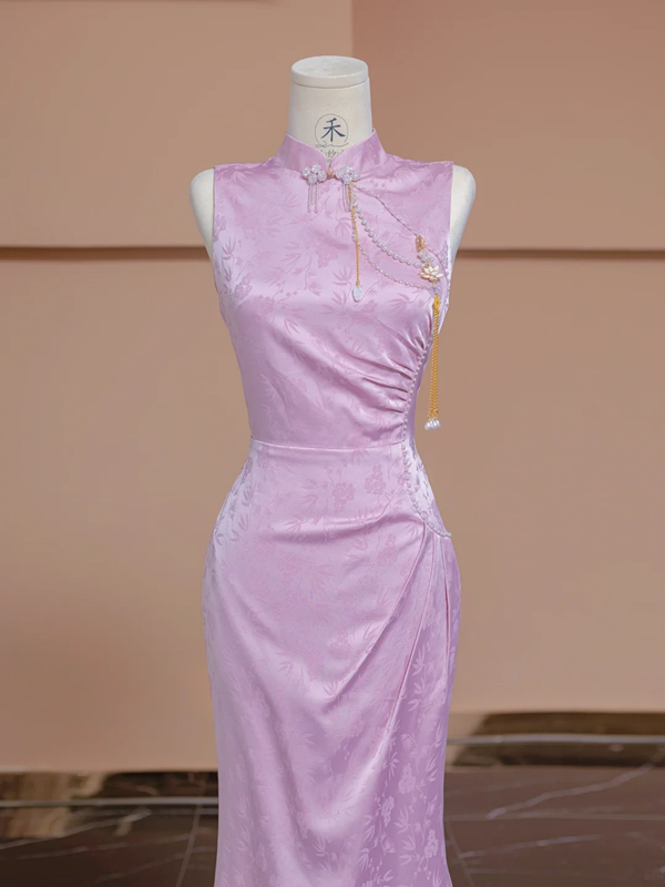 Light purple Chinese cheongsam, fitted waist, elegant ball gown/bridal dress R8300