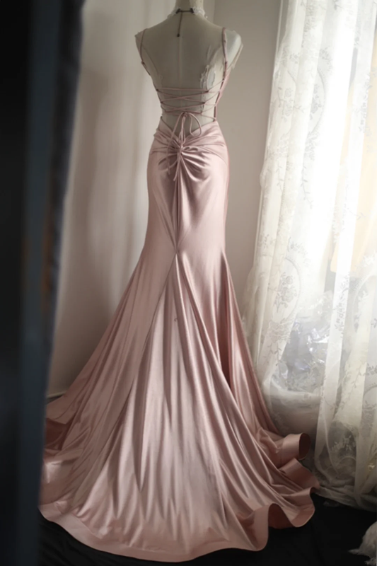 Light pink halter-neck, fitted waist, sexy long satin ball gown R6789