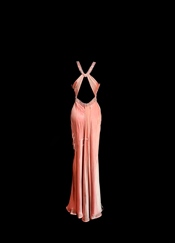 Orange halter-neck fitted backless sexy long ball gown R6670