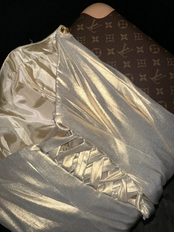 Champagne-colored halter-neck rhinestone-embellished fitted long ball gown R6868