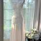 Champagne white halter-neck fitted long ball gown R7625