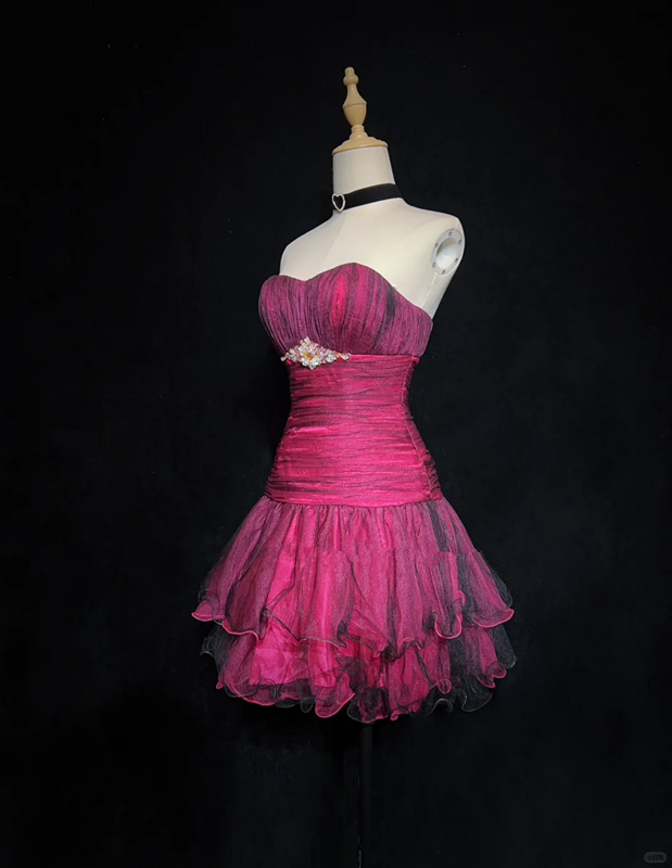 Rose red suspenders waist slim pleated sexy short skirt homecoming dress R4978