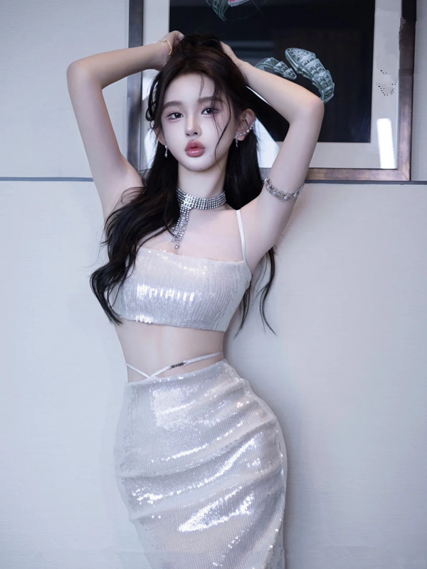 Silver Spaghetti Strap Bodycon Sexy Two-Piece Prom Dress R7109