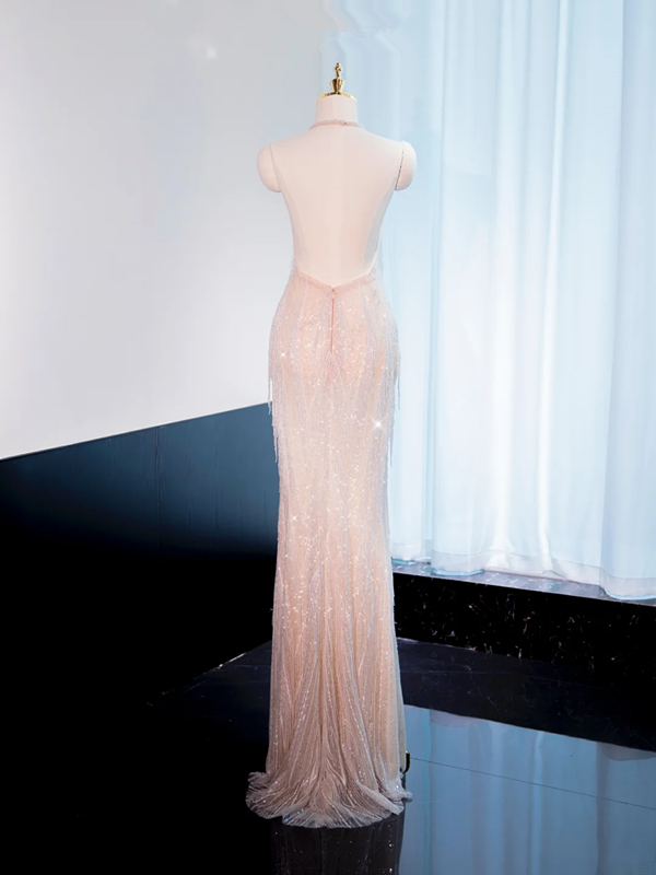 Light pink halter neck fitted waist long ball gown, bridal gown R8996