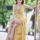 Yellow V-neck fitted waist slim-fit sexy slit long ball gown R7069