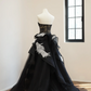 Black strapless lace dress with a fitted waist and full skirt, long ball gown R8541