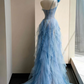 Blue one-shoulder slim waist cake skirt long dress, prom dress R5675