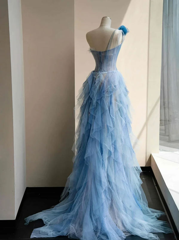 Blue one-shoulder slim waist cake skirt long dress, prom dress R5675