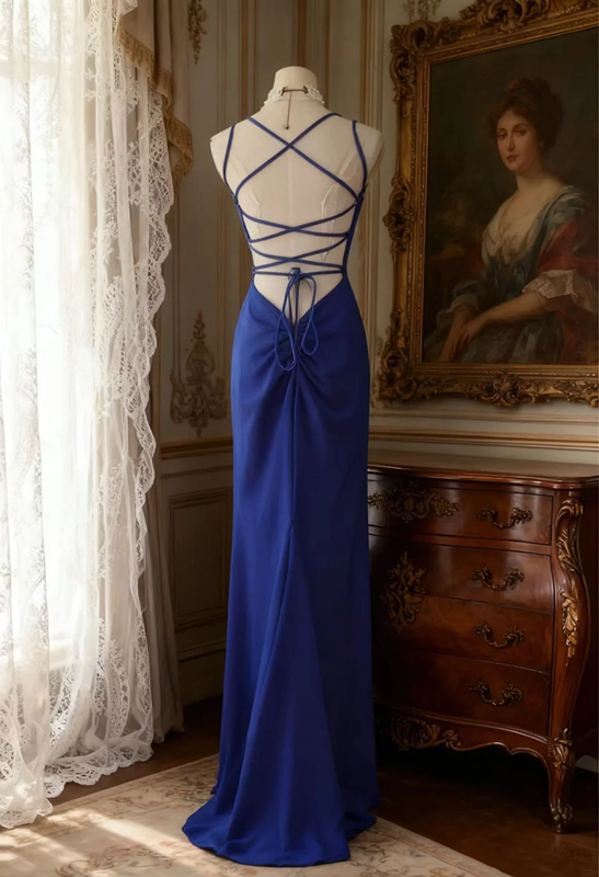 Blue halter-neck backless sexy fitted long ball gown R6710