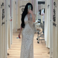 White halter-neck lace fitted waist elongated ball gown R7896