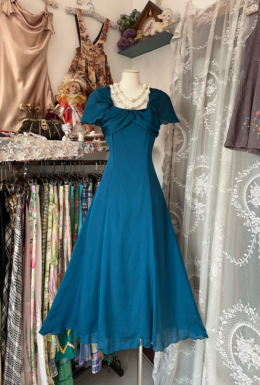 Dark blue square-neck, fitted A-line long dress, ball gown R6310