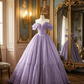 Light purple off-the-shoulder waist-cinching slim-fit ballgown prom dress R7936